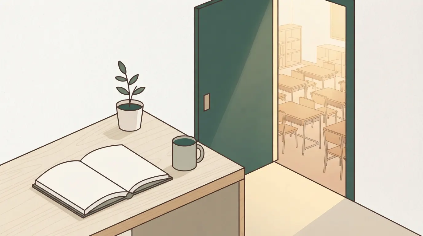 通学による学習のイメージを表現します。扉の向こうに明るい教室のような空間が広がり、手前には個人の机と教材が置かれていることで、通学と個人の学習の対比を暗示します。